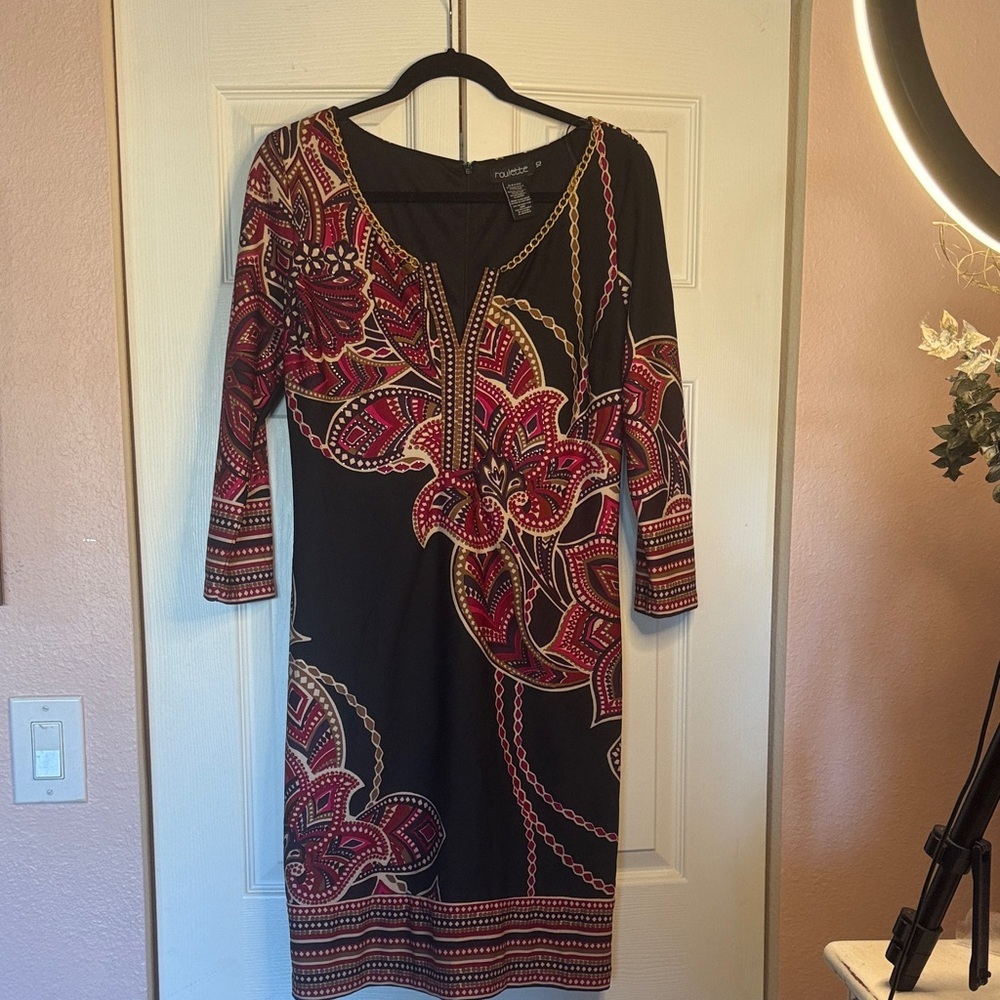 Roulette Black and Burgundy Floral Long Sleeve Sheath Dress Size 10